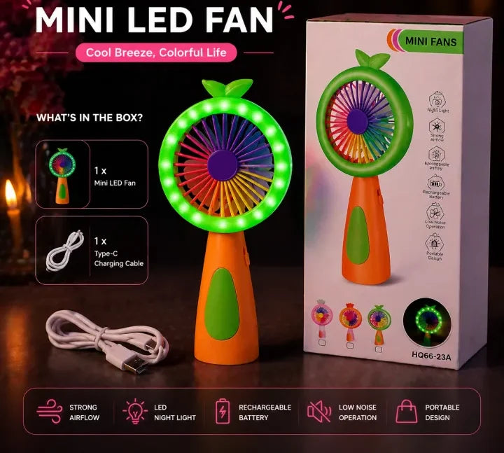 Mini LED Handheld Fan with RGB Light | Rechargeable Portable Cooling Fan (USB Type-C)